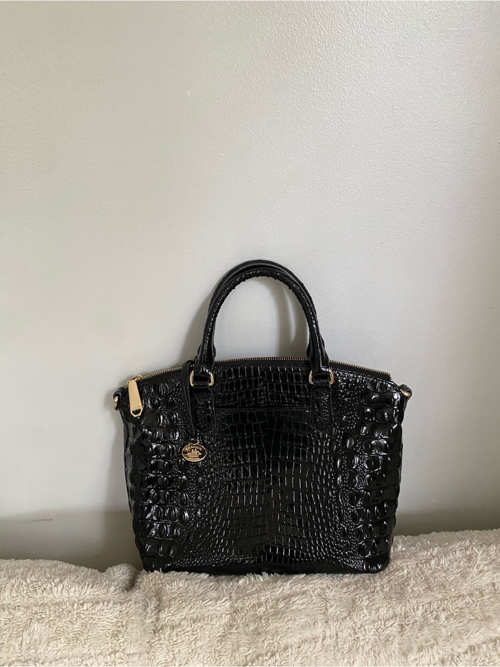 Brahmin Black Leather Croc-Embossed Satchel with Gold Hardware